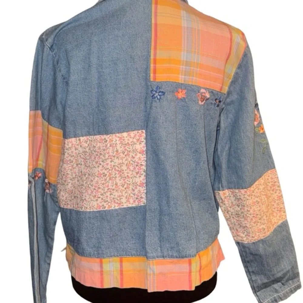 Vtg Bleu Bayou Denim patchwork blazer Embroidered floral‎ art  boho Size small